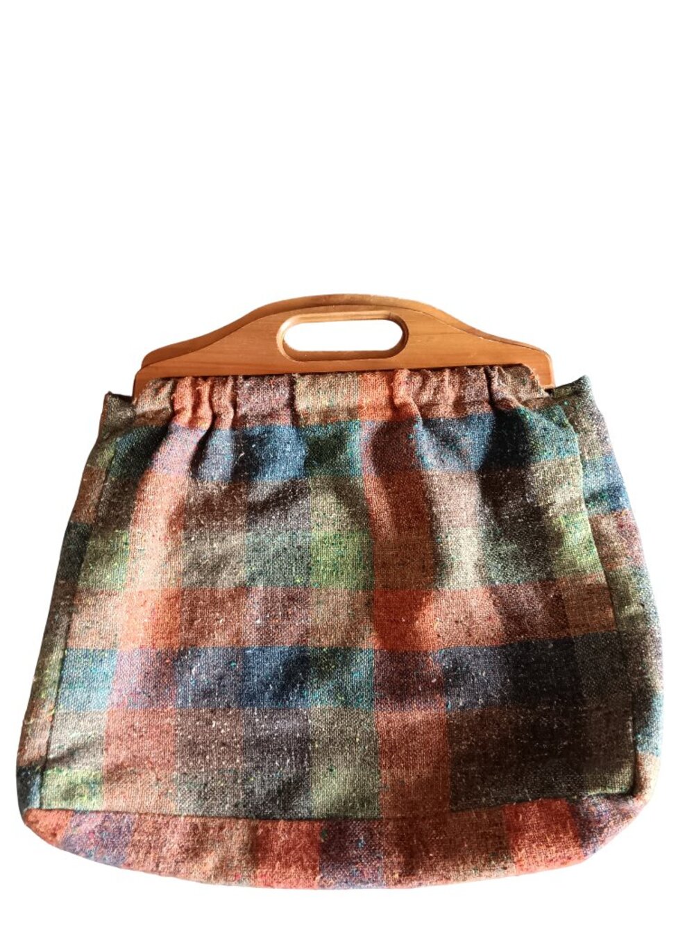 Vintage Plaid Fabric Bag Purse Boho Hippie Wooden Handles 70s